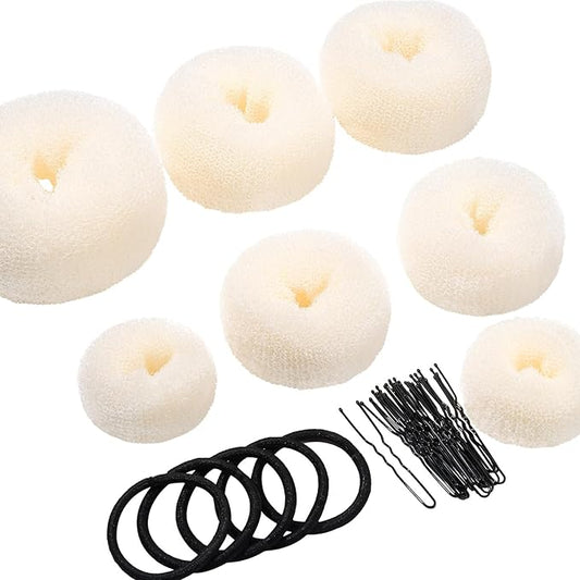 Teenitor Hair Bun Maker Set - 7 Hair Donut for Buns (1 Extra-Large, 2 Large, 2 Medium, 2 Small), 5 Elastic Bands, 20 Hair Pins, Cream White Color