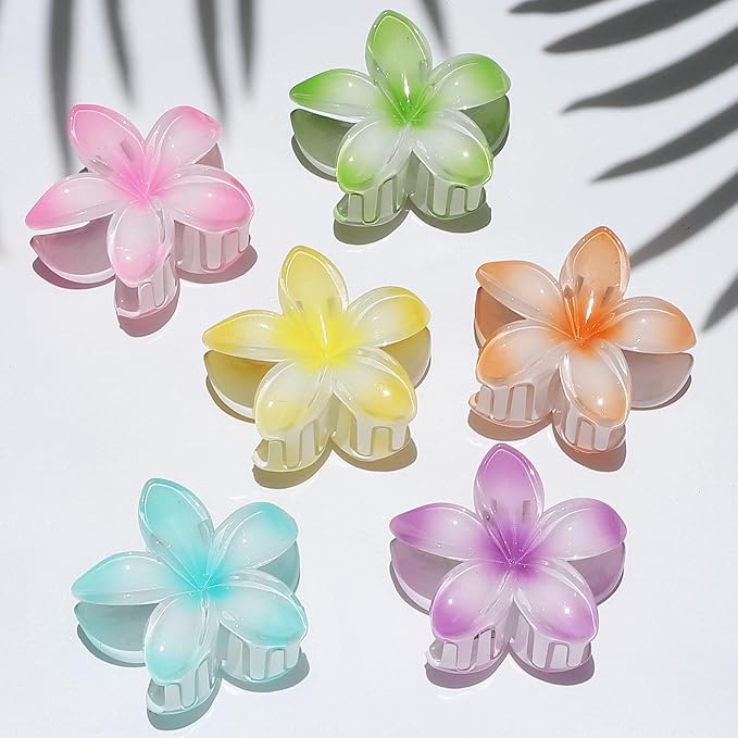 Hawaiian Plumeria Hair Accessories - 6 Pack Large Claw Clips for Thick and Thin Hair, Beach Tropical Hair Clips for Women and Girls