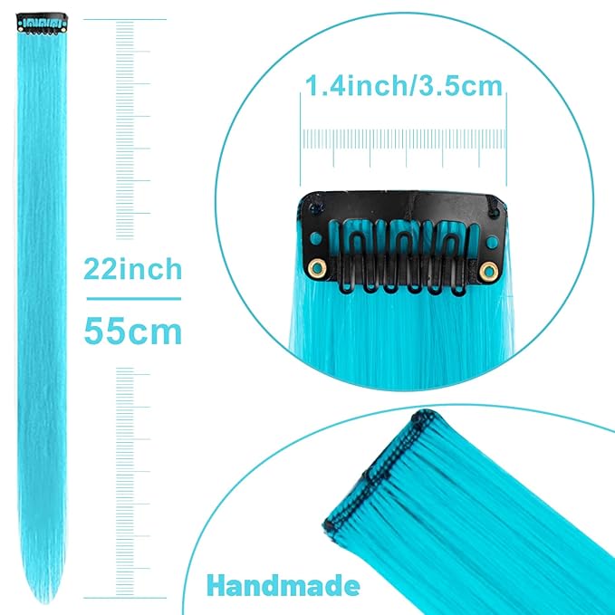 22 inch Colored Hair Extensions, Multi-colors Party Highlights Clip in Synthetic Hair Extensions, Color Party Highlights Hairpieces for Girls Women(10 PCS Sky Blue)