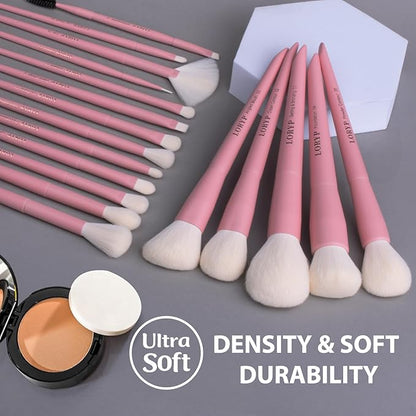 LORYP Makeup Brushes Set Labeled 18 Piece Face and Eye Brush Set Ultra soft hair Foundation, Concealer, Blush, Contour, Blending, Eyeshadow Pink Brush kit