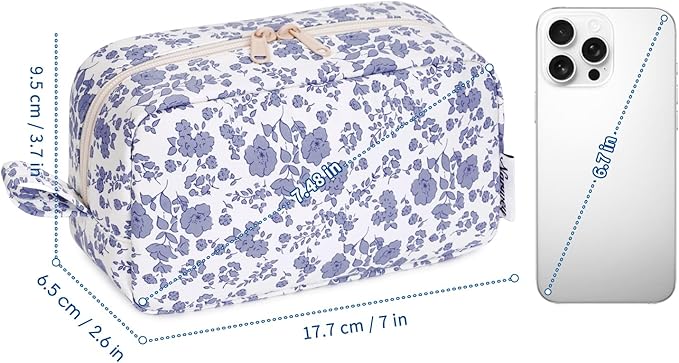 Narwey Small Makeup Bag for Purse Travel Makeup Pouch Mini Cosmetic Bag Zipper Pouch for Women (Little Grayish Blue Flower, Small)