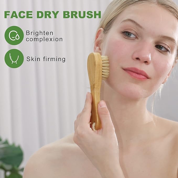 Natural Boar Bristle Dry Brush - Exfoliating Body, Face & Foot Brush, Long Handle Back Scrubber, Meridian Pressure for Lymphatic Drainage & Cellulite