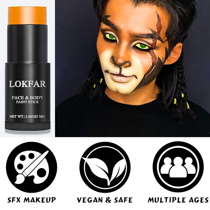 Orange Face Body Paint Stick, Eye Black Stick for Sports, Waterproof Full-Coverage Orange Face Makeup for Halloween Pumpkin Cheetah Lion Tige Cosplay Makeup
