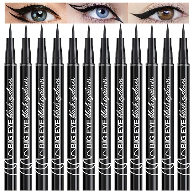 12-Pieces Matte Liquid Eyeliner Pens Set, Eye Ink Liner Makeup, Quick Drying, Smudge-Resistant, Vegan Formula (Pack of 12) (Black)