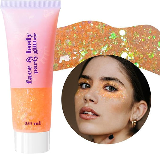 DAGEDA Body Glitter Gel, Face Glitters Body Gel Sequins Shimmer Liquid Eyeshadow, Chunky Glitter for Face Hair Nails, Holographic Cosmetic Laser Powder Festival Glitter Makeup 1.7oz (Coral)