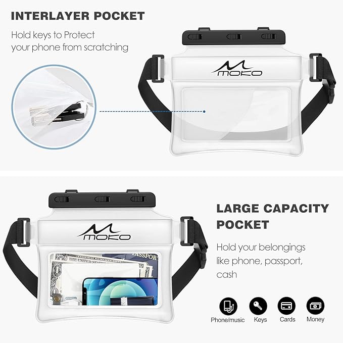 MoKo Waterproof Phone Pouch Fanny Pack, Floating Dry Bag for Swimming Kayaking Snorkeling, Compatible with iPhone 14 13 12 11 Pro Max X/Xr/Xs Max, Galaxy S21 Ultra/S9/Note 10 Plus, Matte White