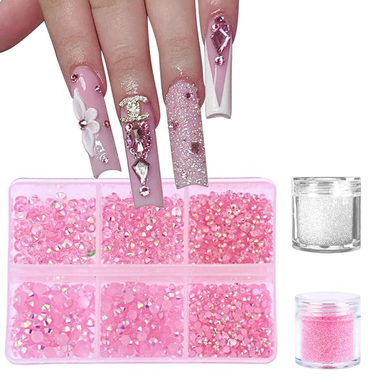3 Boxes Nail Art Rhinestones Pink Nail Charms 2mm-4mm Resin Clear Jelly Rhinestones Pearls Glitters Nail Art Supplies Crystal Gems Bubble Beads Nail Accessories for Women Nail Decorations Design.