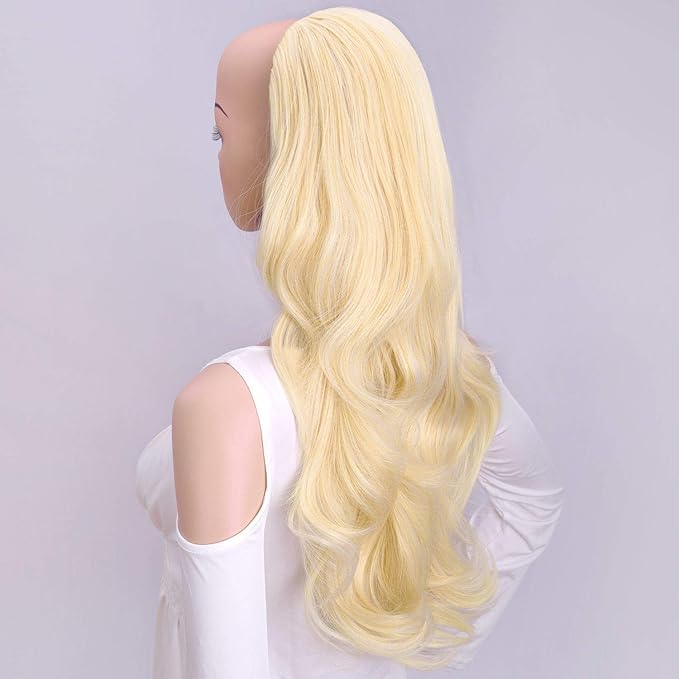 24" Long Wavy Clip in Half Head Tied Wig Blonde Premium Japanese Synthetic fibers Hair Extensions For Women 210g 8#