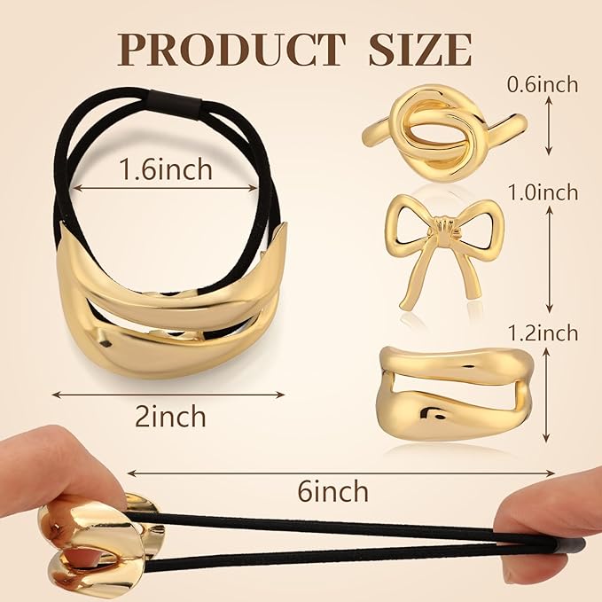 3PCS Gold Hair Ties for Women, Stretchy Metal Hair Ties for Thick Hair, Non-Damage Gold Ponytail Cuff Holders, Elegant Geometric Hair Accessories for Women, 3 Styles in Box Perfect Holiday Gift