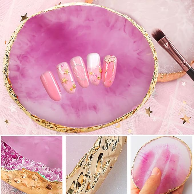 2 Pcs Resin Nail Art Palette, Nail Art Painting Mixed Color Palettes Gold Edge Nail Holder Nail Art Display Board (Purple, White)