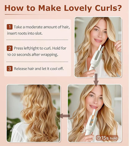 Auto Hair Curler, Automatic Curling Iron with 4 Temperature & 3 Timer, Automatic Shut-Off, Anti-Scald, Anti-Tangle Rotating Curling Wand for Hair Styling, White