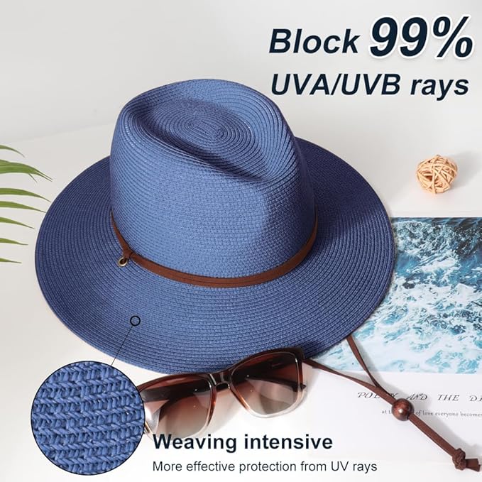 DRESHOW Women Straw Panama Hat Travel Fedora Beach Sun Hat Summer Wide Brim Straw Roll up Hat UPF 50+