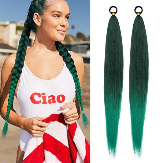 2 Pack Braid Ponytail Extension with Elastic Tie Straight Sleek Wrap Around Braid Wig Ponytail Green gradient 26 Inch (Dark green/green)