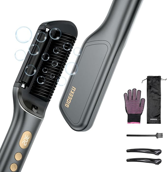 Hair Straightener Brush, Upgraded Ionic Hair Straightener Comb with Oil-Infused, Anti-Frizz Ceramic, Anti-Scald, 9 Temp Settings & LED Display, Dual Voltage, Straightening Brush for All Types