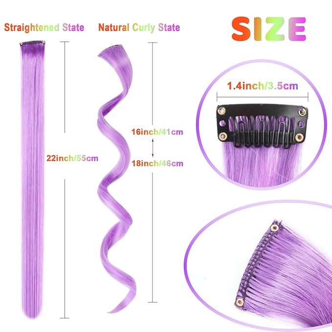 12 PCS Colored Hair Extensions for Kids, Curly Wavy Synthetic Hairpieces Clip in Rainbow Neon Party Highlights, Colorful Hair Accessories for Girls Women 17 Inch (Multi-color Set)