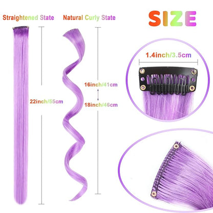 12 PCS Colored Hair Extensions for Kids, Curly Wavy Synthetic Hairpieces Clip in Rainbow Neon Party Highlights, Colorful Hair Accessories for Girls Women 17 Inch (Multi-color Set)