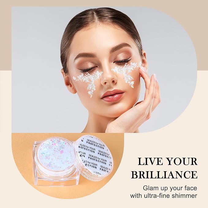 Glitter Body Face Hair Makeup Festival Gel, 6 Shapes Clear White Rave Glitter Face Pain Glitter Eyeshadow for Kids Women Girls Singer Concerts Festival Rave Accessories
