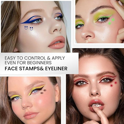 7Pcs Colored Liquid Eyeliners with Face Stamps – Black Brown Purple Blue Red Pink Green Star Flower Heart Moon Triangle Stamps for Cosplay & Gothic Makeup – Beginner-Friendly (multicolor-7Pcs-set02)