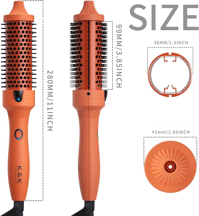 K&K Thermal Brush, 1.5 Inch Heated Round Comb, Professional Heated Curling Ceramic Tourmaline Ionic Curling Iron, Hot Styling Volumizing Brush, Dual Voltage, Orange