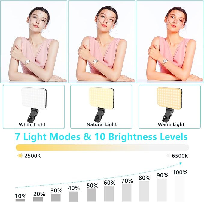 Selfie Light, 60 LED 2200mAh Rechargeable Cell Phone Fill Light 7 Modes, 10-Level Brightness, Portable Clip on Light for Phone/Tablet/Laptop, Zoom Call Vlog Makeup TikTok Video Fill Light