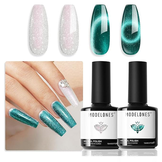 modelones Gel Nail Polish Set 2 PCS 15ML White Green Cat Eye Gel Nail Polish Glitter Holographic Shimmer 9D Cat Eye Gel Polish With Magnet Soak Off Led Nail Art Gel DIY Salon Gift For Women Girl