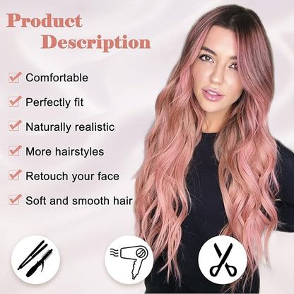 NAYOO Long Ombre Pink Wavy Wig for Women 26 Inch Middle Part Curly Wavy Wig Natural Looking Synthetic Heat Resistant Fiber for Daily Party Use (Ombre Pink)