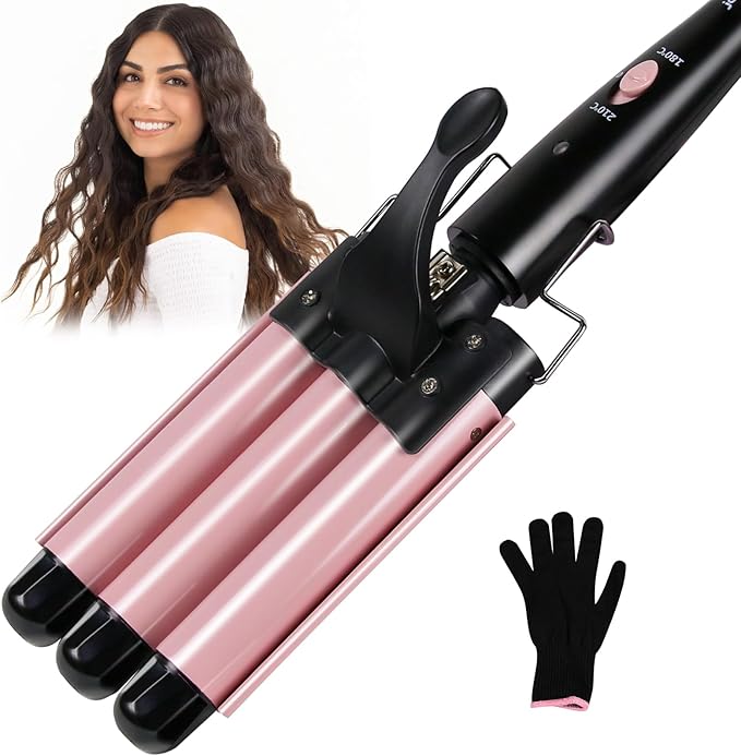 3 Barrel Curling Iron Wand, janelove 1 Inch Ceramic Tourmaline Triple Barrels, Hair Waver with Two Temperature Control, Fast Heating Portable Beach Waver Curling Iron-Pink