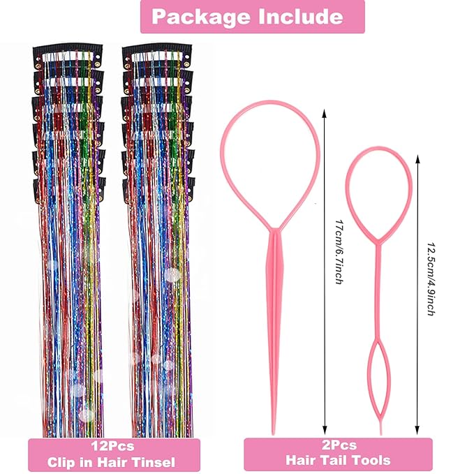 12Pcs Hair Tinsel Clip in Glitter Tinsel Hair Extensions 19.6Inch Clip in Hair Tinsel Kit Heat Resistant Shiny Sparkly Fairy Hair Accessories for Women Girls Kids (Colorful)