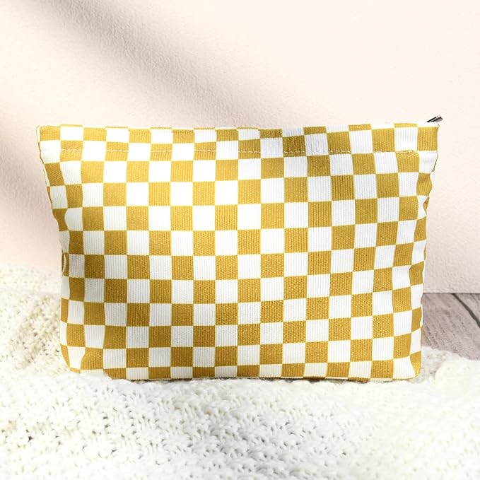 2 Pcs Checkered Makeup Bag Large Cosmetic Bag Toiletry Bag Makeup Pouch Travel Bag Organizer Cute Makeup Brushes Aesthetic Accessories Storage Bag for Women Golden Yellow