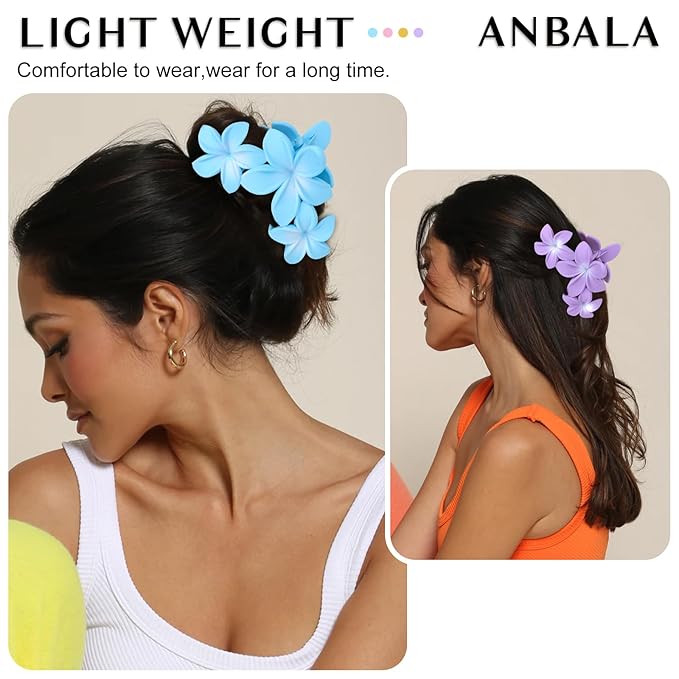 4PCS Hawaiian Plumeria Large Claw Clips for Women - Non-Slip Strong Hold Flower Hair Clips for Thick Hair (Colorful)