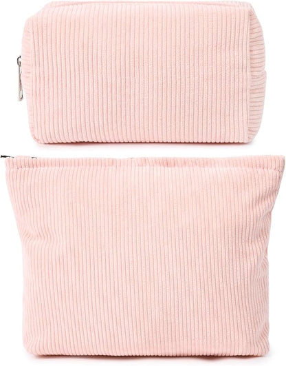 2 Pieces Makeup Bag Large Corduroy Cosmetic Bag Capacity Canvas Mix Travel Toiletry Bag Organizer Cute Makeup Brushes Aesthetic Accessories Storage Bag for Women, Corduroy Mix Pink