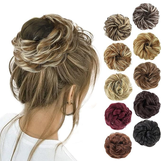 MORICA 1PCS Messy Hair Bun Hair Scrunchies Extension Curly Wavy Messy Bun Hair Synthetic Chignon Hairpieces for Women(12AH613(Light Golden Brown & Lightest Blonde))