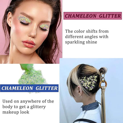 MEICOLY Chameleon Lime Green Body Glitter, Color Changing Mermaid Holographic Glitter Gel for Face, Body, Hair, Festival Party Cheer Makeup