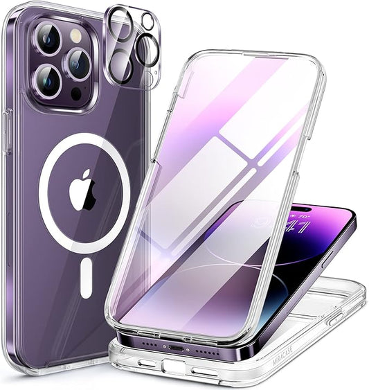 Miracase Glass Series Designed for iPhone 14 Pro Max Case 6.7 Inch, Upgrade Full-Body Magnetic Case with Built-in 9H Tempered Glass Screen Protector, with Camera Lens Protector, Magnetic Clear