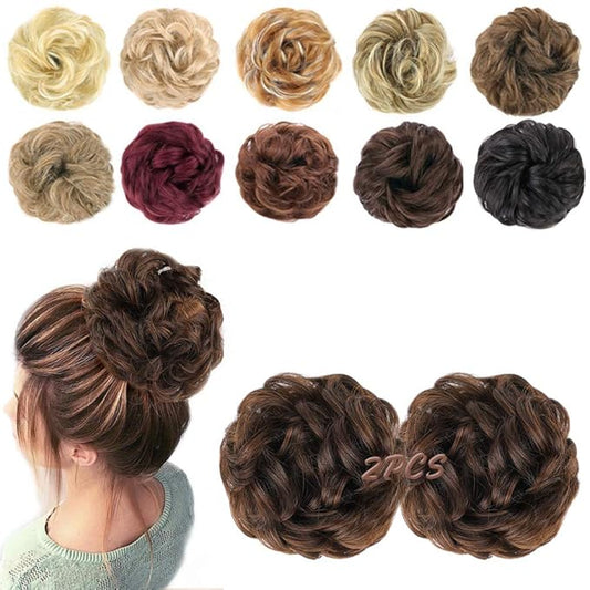 MORICA 2PCS Messy Bun Hair Piece, Fake Hair Extension Curly Wavy Synthetic Chignon Scrunchies Ponytail Hair Pieces for Thin Hair, Women (Dark Brown & Light Auburn Mixed)