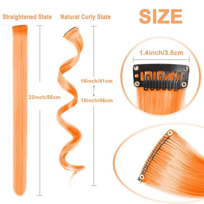 10 PCS Orange Clip-in Curly Wavy Synthetic Hair Extensions, Rainbow Neon Party Highlights, Colorful Hair Accessories for Kids, Girls, Women, 17 Inch