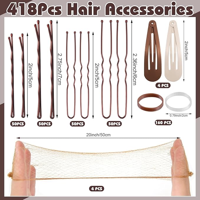 368 Pcs Brown Bobby Pins Hair Pins - 100 Bobby Pins Brown Hair 100 Hair Pins for Women 160 Hair Rubber Bands 4 Hair Clips 4 Hair Nets for Buns with Box