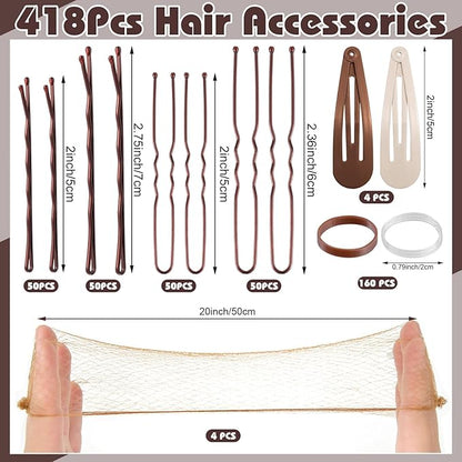 368 Pcs Brown Bobby Pins Hair Pins - 100 Bobby Pins Brown Hair 100 Hair Pins for Women 160 Hair Rubber Bands 4 Hair Clips 4 Hair Nets for Buns with Box