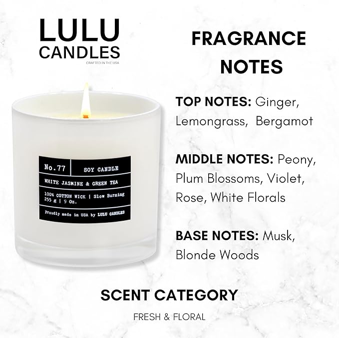 Lulu Candles | White Jasmine & Green Tea | Luxury Scented Soy Jar Candle | Hand Poured in The USA | Highly Scented & Long Lasting (9 Oz.)