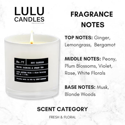 Lulu Candles | White Jasmine & Green Tea | Luxury Scented Soy Jar Candle | Hand Poured in The USA | Highly Scented & Long Lasting (9 Oz.)