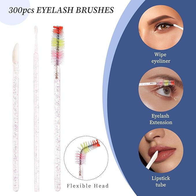 300 PCS Eyelash Extension Supplies Kit, Disposable Micro Swab, Crystal Eyebrow Spoolie, Lip Brush, Mascara Wand Applicator (Colorful + Light Pink)