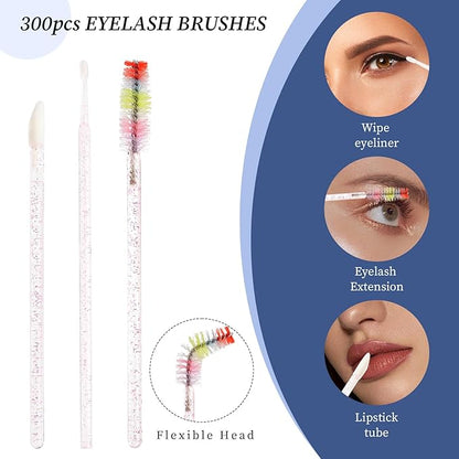 300 PCS Eyelash Extension Supplies Kit, Disposable Micro Swab, Crystal Eyebrow Spoolie, Lip Brush, Mascara Wand Applicator (Colorful + Light Pink)