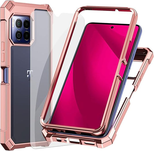 Ailiber for T-Mobile REVVL 7 Pro Case with Screen Protector, Dual Layer Shockproof Bumper, Clear Transparent [Anti Yellowing], Slim Scratch-Resistant Cover for Metro REVVL 7 Pro 5G-Rose Gold
