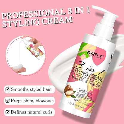 3-In-1 Styling Cream for Flyaways - Anti-Frizz Cream to Define All Hair Types & Textures - Add Shine and Smoothness with Brush
