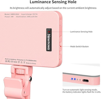 Newmowa Pink Rechargeable Selfie Light - Portable Clip-on Video Light for Phone/Laptop/Camera With Smart Sensor, 3 Modes, 2000mAh Battery for Selfie/Makeup/Video Conference/TikTok