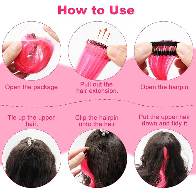 10 PCS Hot Pink Hair Extensions Clip in Kid's Party Highlights, Colored Hair Extensions Hairpiece Curly for Girls Women 17 Inch
