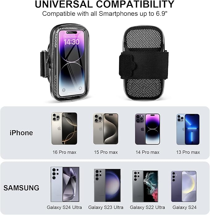 Phone Holder for Running, Armband for iPhone 16 15 14 13 Pro Max 12 11 Plus X Samsung Android Up to 6.9'', Universal Arm Bands Bag with Key Card Pocket for Exercise Walking Workout Fitness