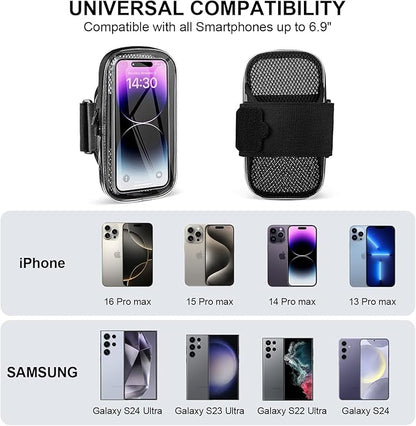 Phone Holder for Running, Armband for iPhone 16 15 14 13 Pro Max 12 11 Plus X Samsung Android Up to 6.9'', Universal Arm Bands Bag with Key Card Pocket for Exercise Walking Workout Fitness