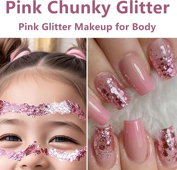 Go Ho Pink Face Body Glitter Gel,Singer Concerts Pink Face Paint Makeup Holographic Chunky Sequins Glitters for Lip/Hair/Nails,Music Disco Outfit for Woman,Festival Rave Accessories,52g