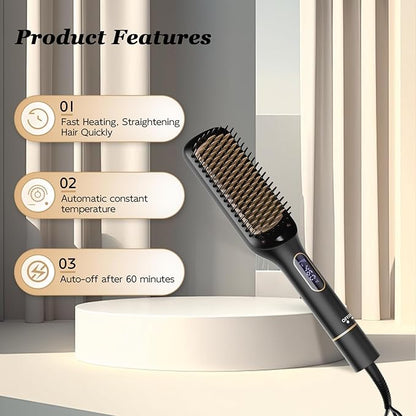 Nicebay Straightener Brush, Rotatable Temperature Adjustment Hair Straightening Brush, Auto-Off & Led Display Hair Straightener Comb for Women